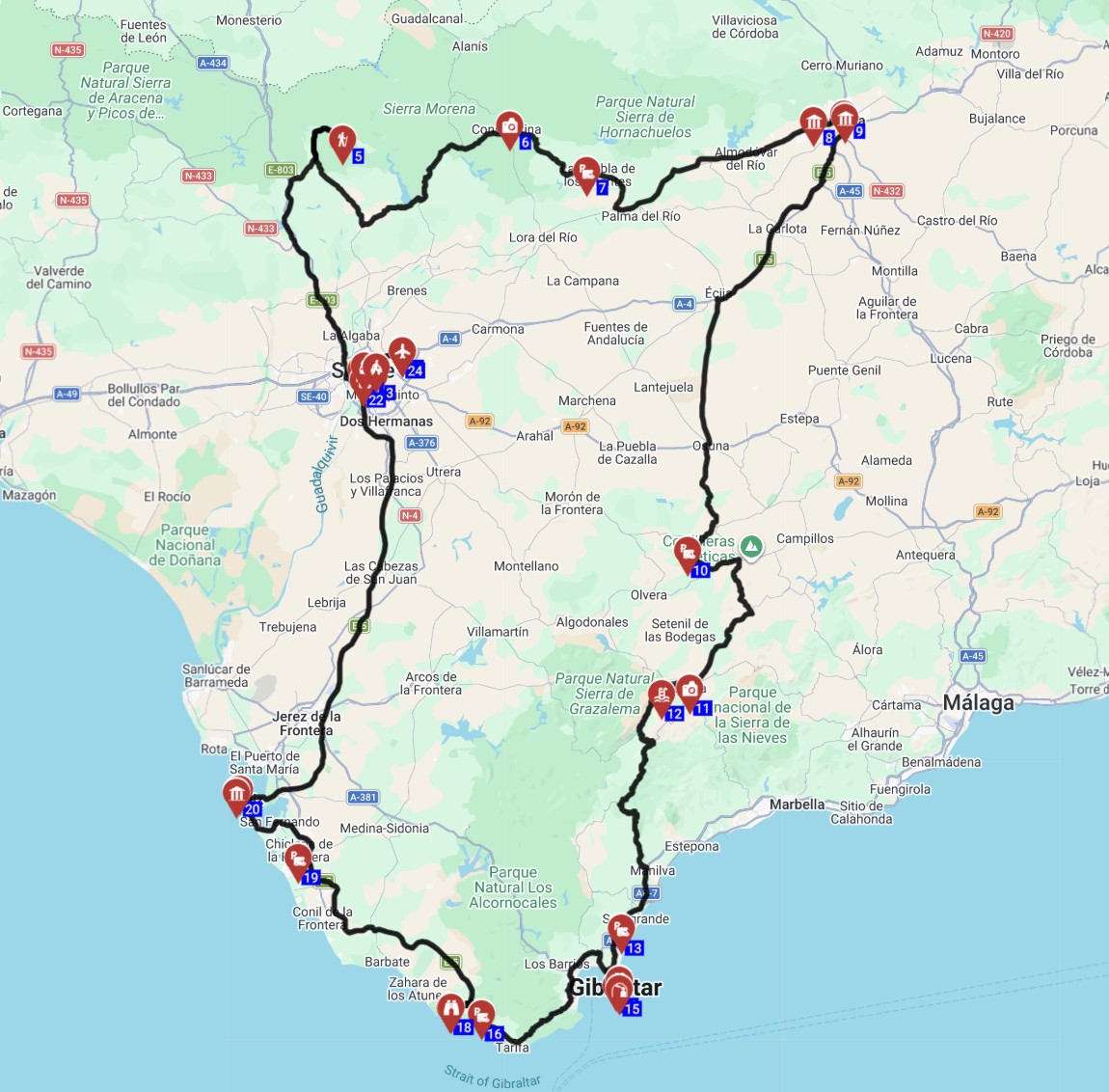 Map for טיול משפחתי בספרד 8 ימים תכנון מסלול מסביליה לגיברלטר והשכרת קרוואנים